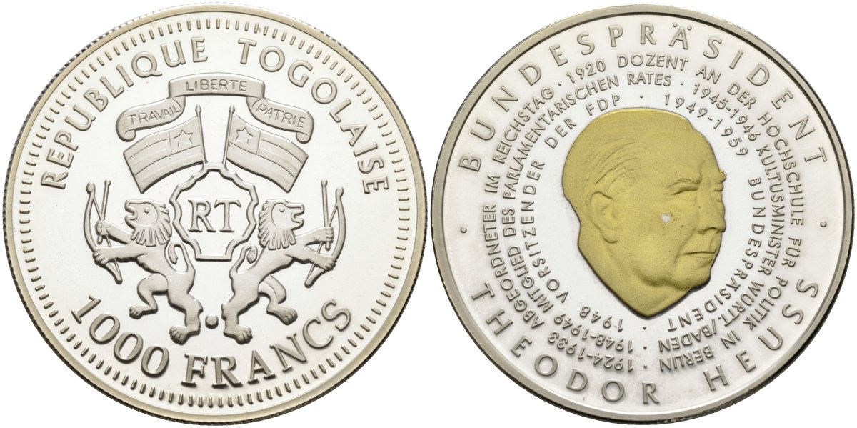 Того 1000 франков 2004 федеральный президент (1949-1959), Теодор Хойс, позолота серебро PROOF 04-318-33