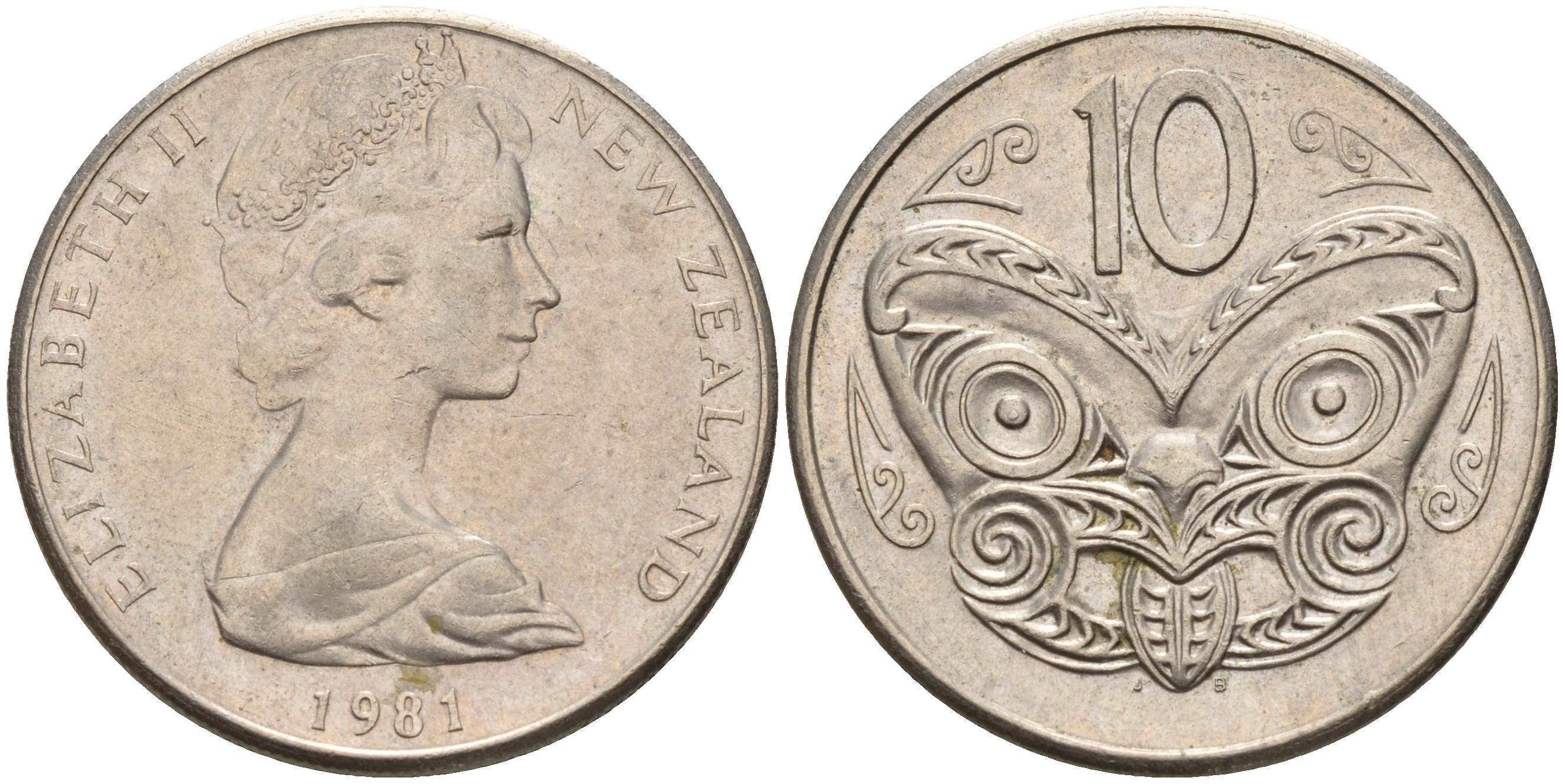 Новая Зеландия 10 центов 1981 Елизавета II (1952-2022), маска маори KM 41.1 медно-никель 4603-257