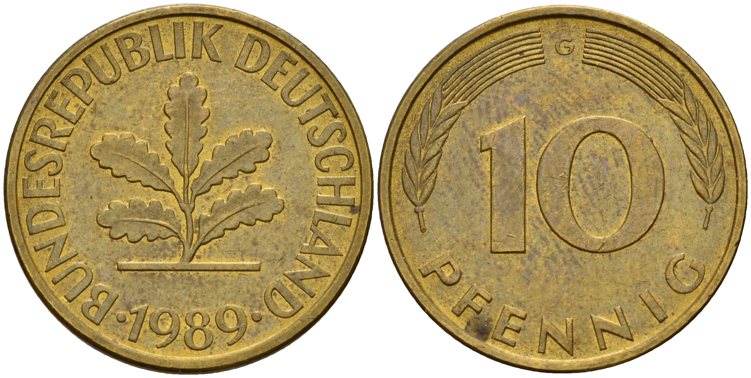 ФРГ 10 пфеннигов 1989 G J. 383, KM 108 сталь плакированная латунью    4603-622