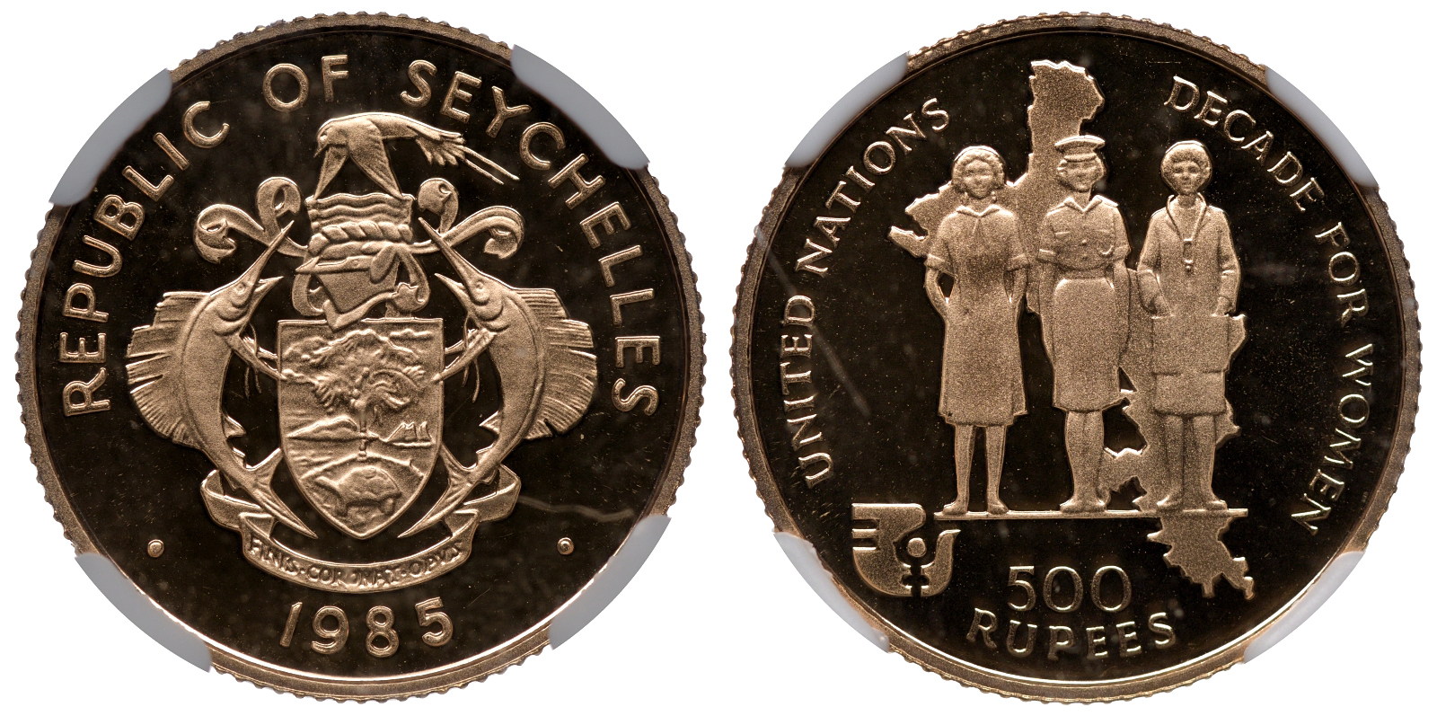 Сейшельские острова 500 рупий 1985 год женщины, в слабе NGC PR 68 ULTRA CAMEO, тираж 500 экземпляров KM 62 золото  PROOF  15-005-05
