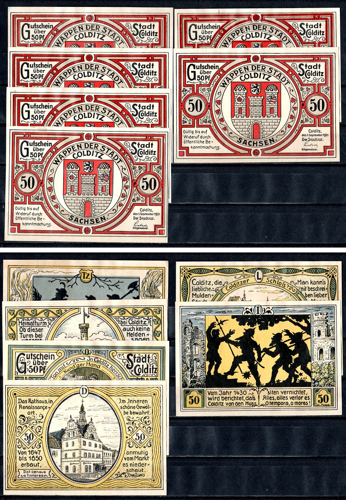 Кольдиц (Саксония) полный набор из 6 нотгельдов (50 пфеннигов) 1921 Mehl Grabowski 239.1 бумага UNC (пресс) 7555-51-1-2