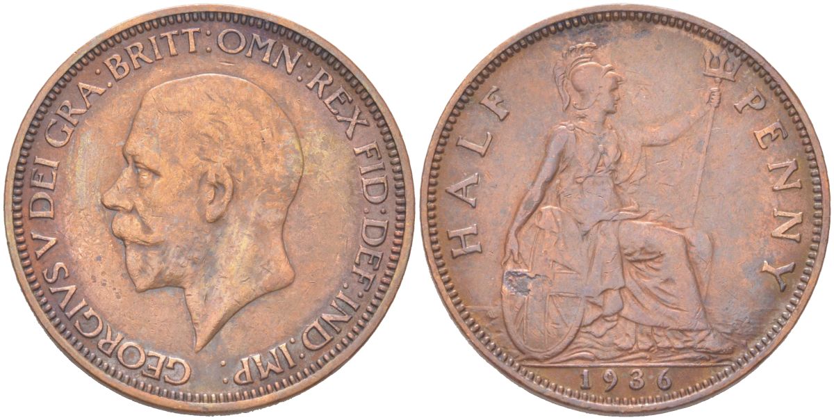 Великобритания 1/2 пенни 1936 Георг V (1910-1936) KM?837, Spink?4058 бронза 4128-144