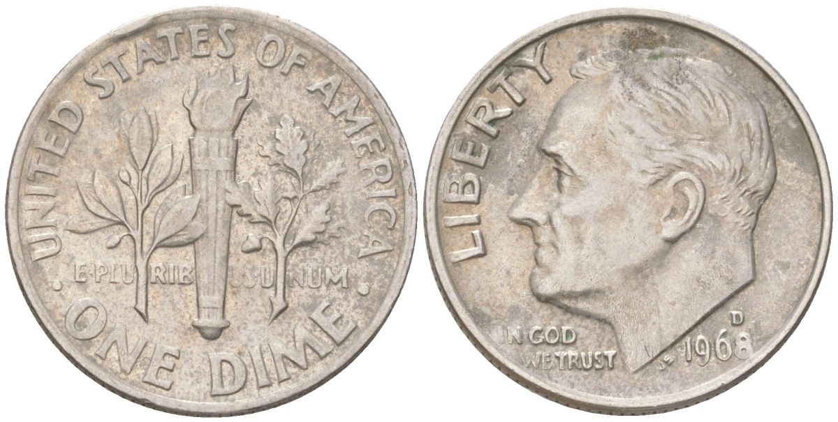 США 10 центов (дайм) 1968 D, Рузвельт KM 195a медь плакированная медно-никелем 4613-823