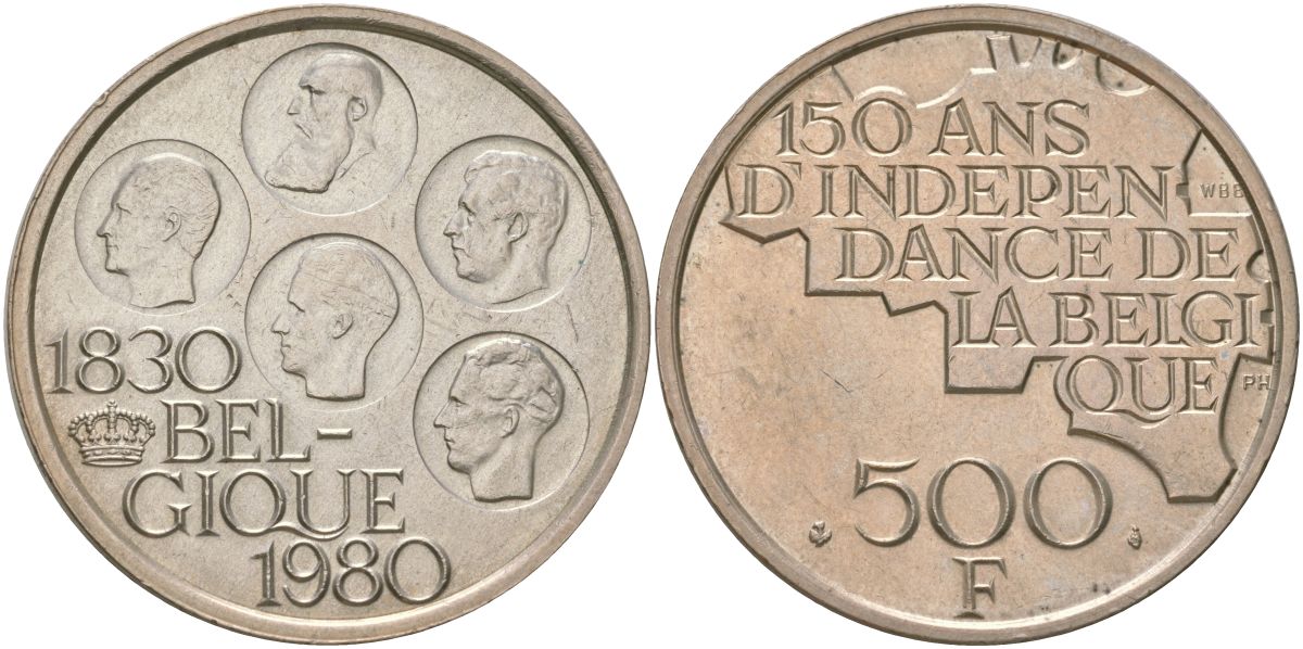 Бельгия 500 франков 1980 150 лет независимости, BELGIQUE, Бодуэн I (1951-1993) KM 161, LA BFM-214, Mor 800, Schoen 130 медно-никель плакированный серебром 4552-815