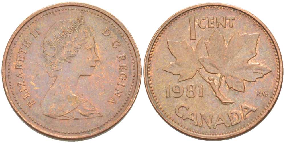 Канада 1 цент 1981 Елизавета II (1952-2022), кленовый лист KM 127 бронза 46-837