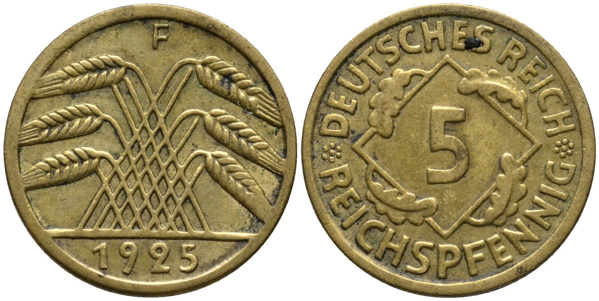 Германия 5 рейхспфеннигов 1925 F, small "5" KM 39 алюминиевая бронза 4516-528