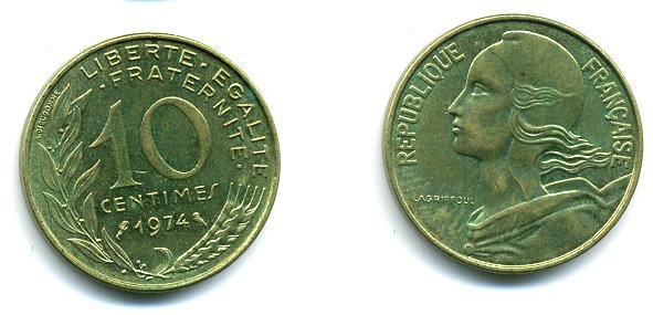 ФРАНЦИЯ 10 САНТИМОВ 1974 ТИП MARIANNE KM 929, LE FRANC 144.14 алюминиевая бронза 3999-654