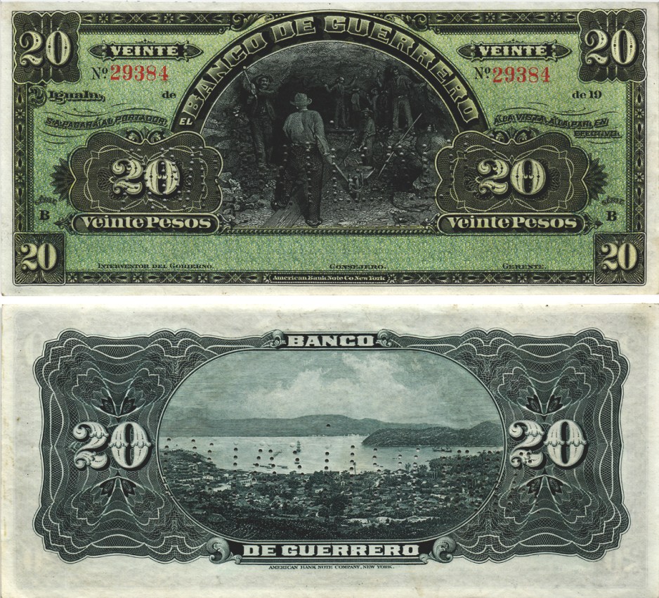 Мексика 20 песо 1906-1914 банк штата Герреро, вид на залив, перфорация 'погашено' Pick S300b бумага 00-00