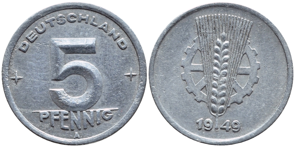 ГДР 5 ПФЕННИГОВ 1949 A КМ 2 алюминий 261-645