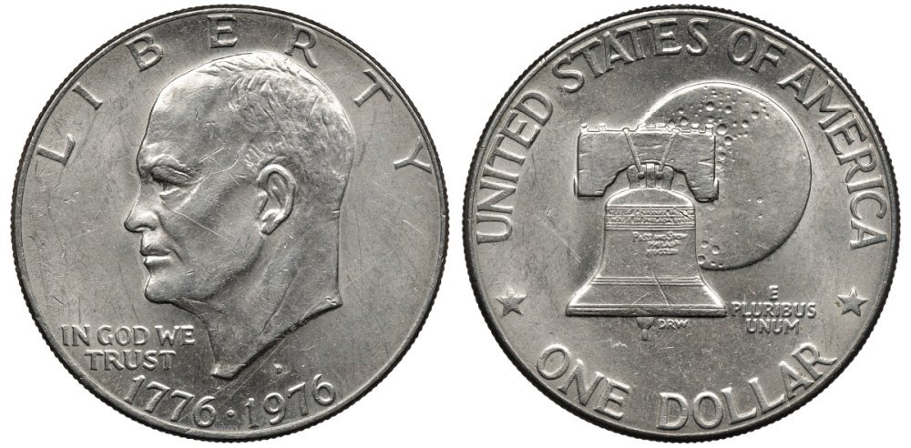 США 1 доллар 1976 D, 200 лет независимости, Президент Эйзенхауэр, колокол, тип II KM 206 медь плакированная медно-никелем 4558-1213