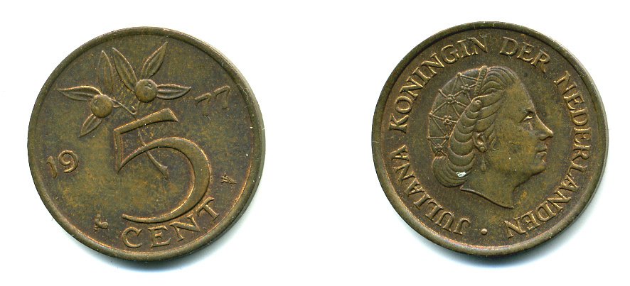 Нидерланды 5 центов 1977 Юлиана (1948-1980) KM 181 бронза 76-451