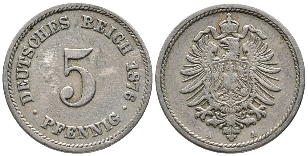 ГЕРМАНИЯ 5 ПФЕННИГОВ 1876 A, СТАРОГЕРБОВКА KM 3, J. 3 медно-никель 39-366