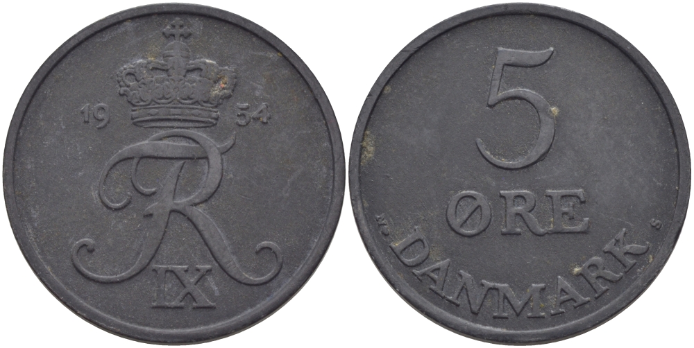 ДАНИЯ 5 ЭРЕ 1954 N; S, ФРЕДЕРИК IX (1947-1972) KM 843.1 цинк 97-1144