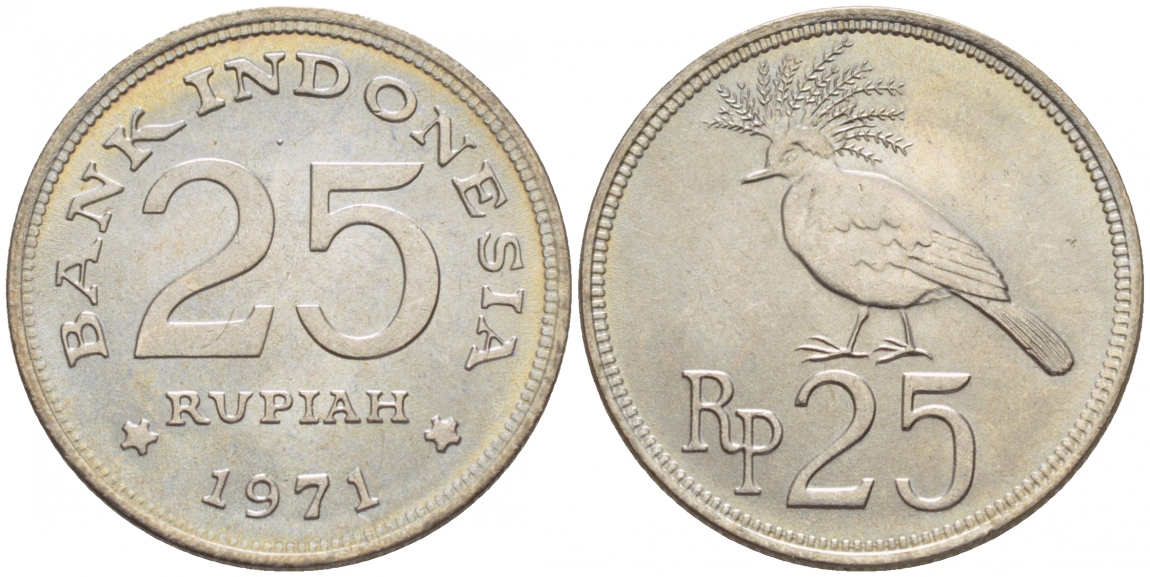 Индонезия 25 рупий 1971 венценосный голубь KM 34 медно-никель UNC 4549-111