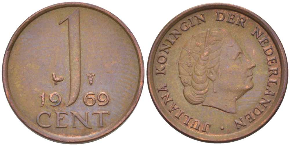 НИДЕРЛАНДЫ 1 ЦЕНТ 1969 КОРОЛЕВА ЮЛИАНА KM 180 бронза 3955-133
