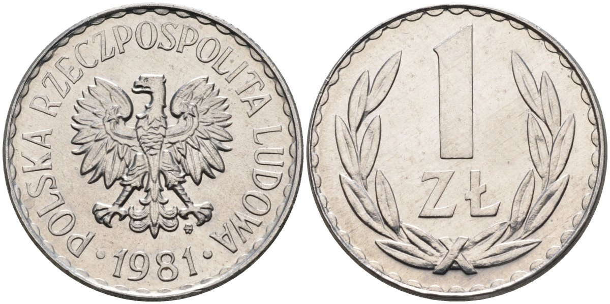 Польша 1 злотый 1981 MW, Народная Республика KM 49.1, Parchimowicz 213t алюминий UNC 4182-347