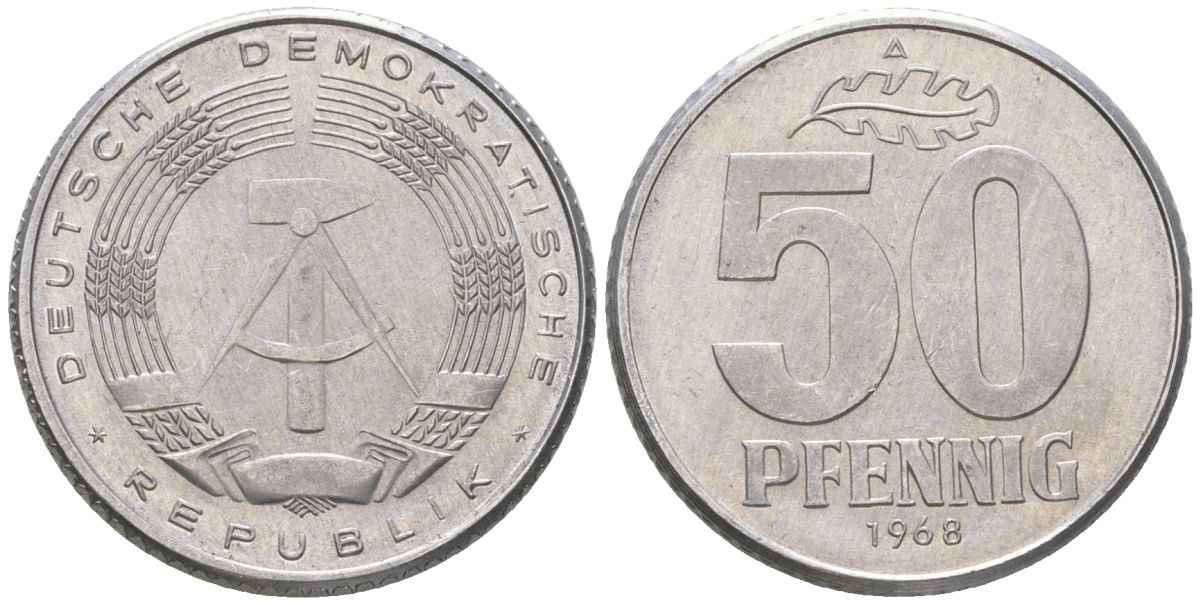ГДР 50 пфеннигов 1968 A KM 12.2 алюминий aUNC 4575-314
