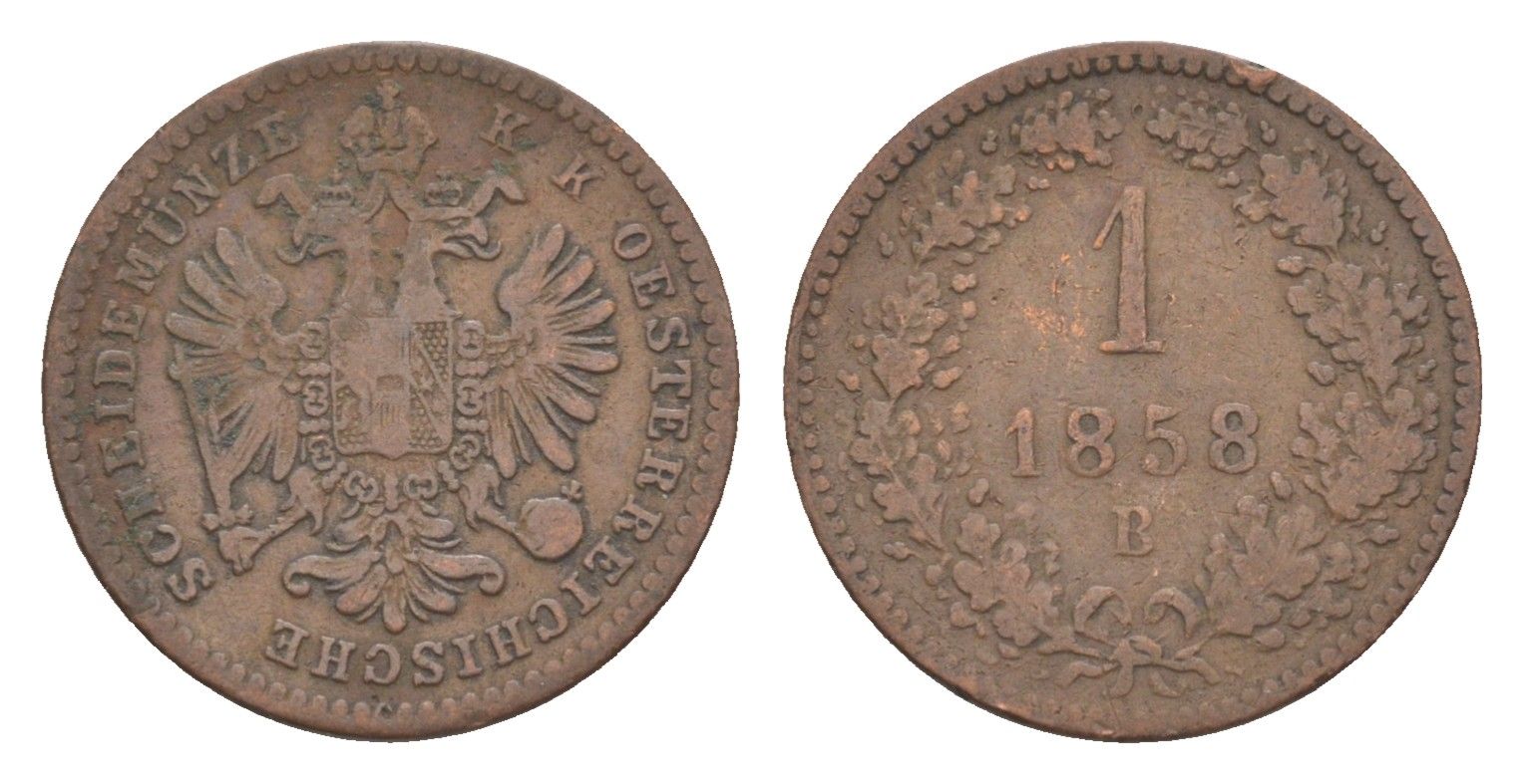 Австрия 1 крейцер 1858 B, Франц Иосиф I (1848-1916) KM 2186 медь 4639-159