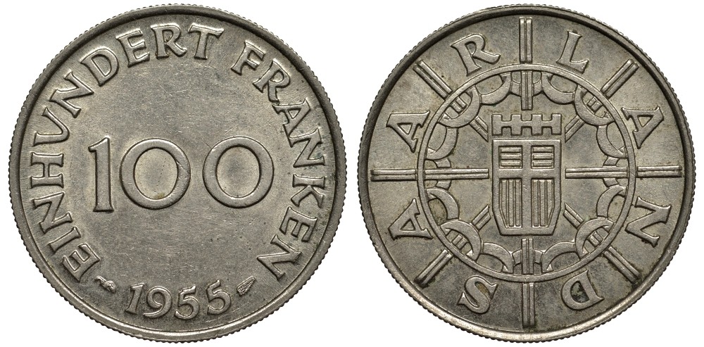 Саарланд 100 франков 1955 индустрия KM 4 медно-никель 186-944