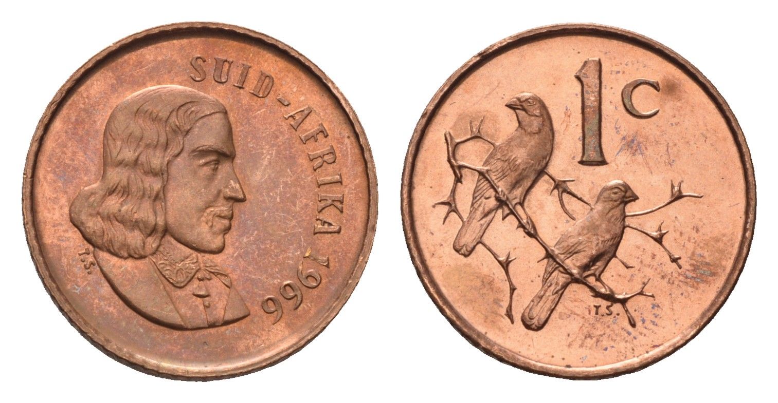 ЮАР 1 цент 1966 Ян ван Рибек (1619-1677), Suid Africa, легенда на африкаанс, капские воробьи KM 65.2 бронза UNC 4690-927