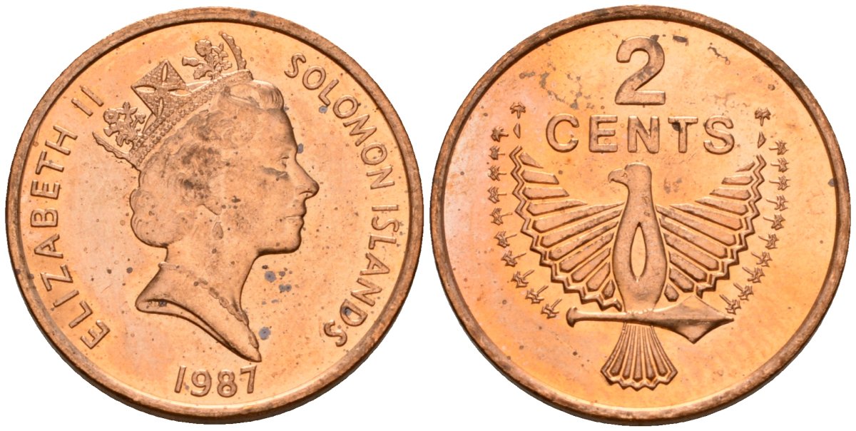 Соломоновы Острова 2 цента 1987 Елизавета II (1953-) KM 25 сталь плакированная бронзой aUNC 4566-252