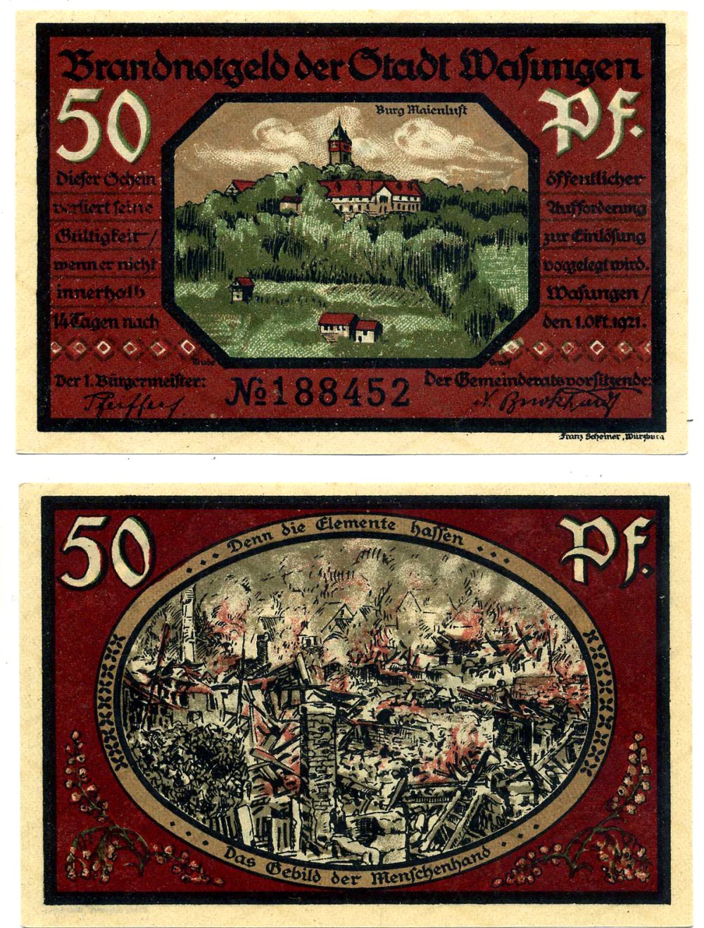 МАФУНГЕН 50 пфеннигов 1921 1 октября 1921, НОТГЕЛЬД бумага 2195-3-3-2