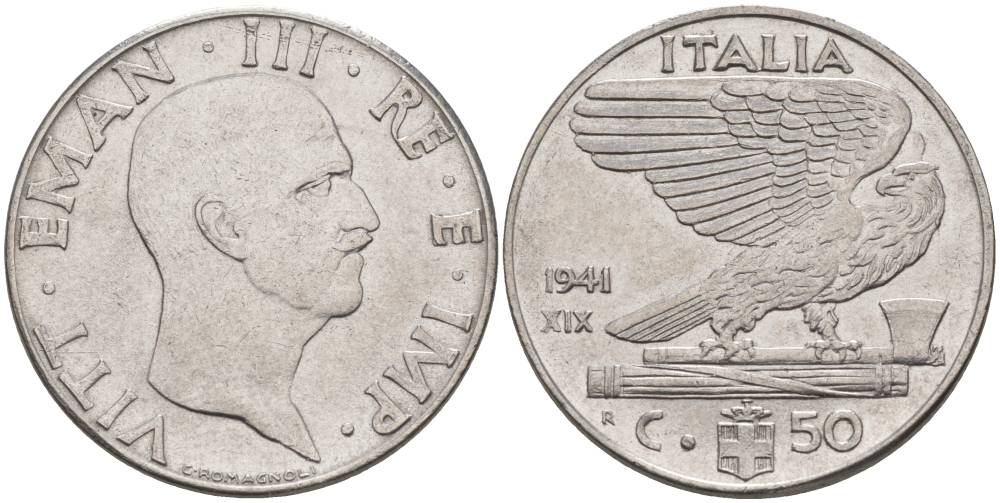 ИТАЛИЯ 50 ЧЕНТЕЗИМО 1941 R, ГОД XIX, ВИКТОР ЭММАНУИЛ III (1900-1946) KM 76b, VEM3. 1063 нержавеющая сталь 3853-355