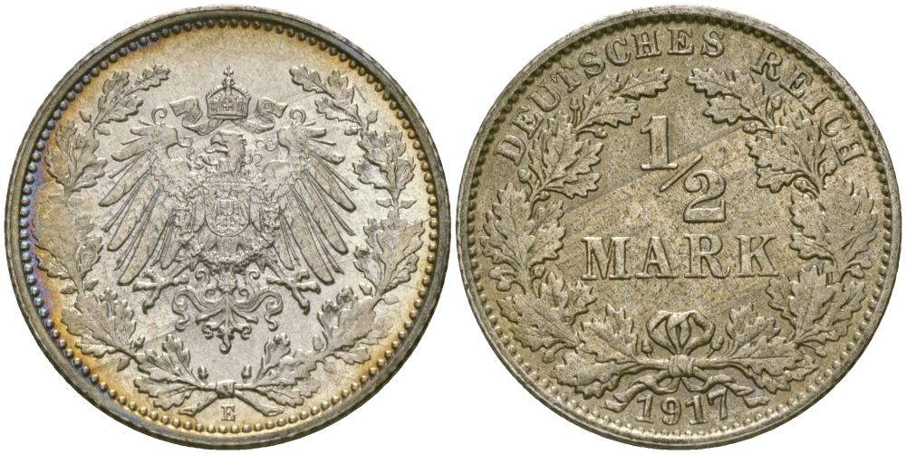 Германия 1/2 марки 1917 Е KM 17, J. 16 серебро UNC 65-247