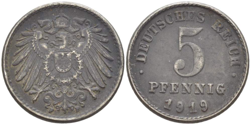 ГЕРМАНИЯ 5 ПФЕННИГОВ 1919 F KM 19, J. 297 железо 4523-255
