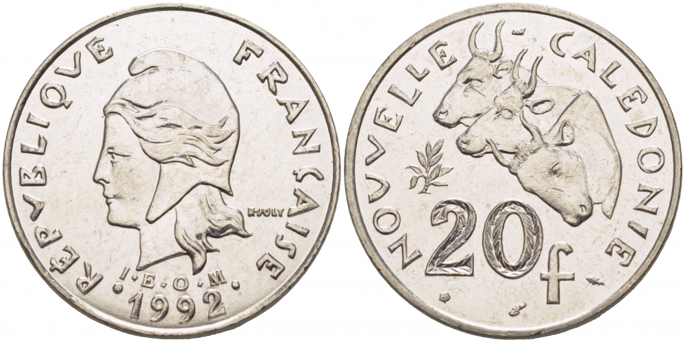 Французская Новая Каледония 20 франков 1992 коровы KM 12 никель 3457-515