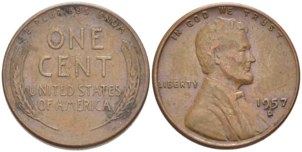 США 1 ЦЕНТ 1957 D, ЛИНКОЛЬН KM А132 медь цинк 218-318