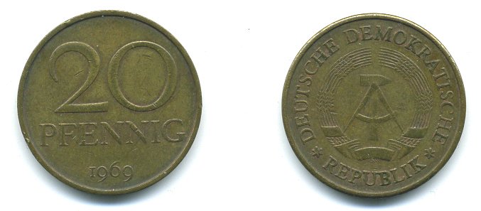 ГДР 20 пфеннигов 1969 A, первый год KM 11 латунь 35-355