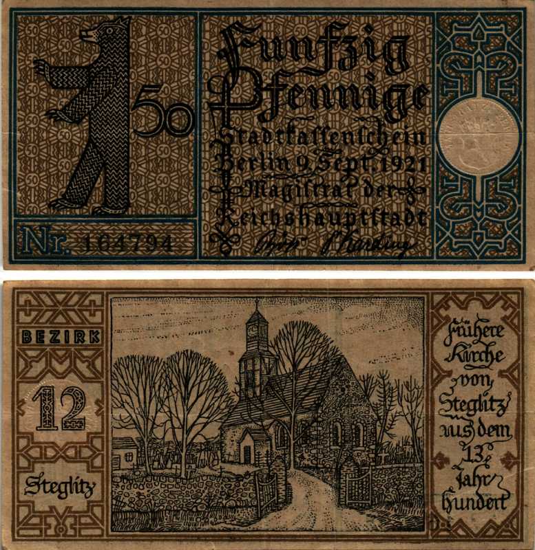 БЕРЛИН, ГЕРМАНИЯ 50 ПФЕННИГОВ 1921 НОТГЕЛЬД, ЗЕМЛЯ ПРУССИЯ, 2 СЕНТЯБРЯ 1921, BEZIRK 12 ARNOLD KELLER 92.1 бумага 7523-33-3-2