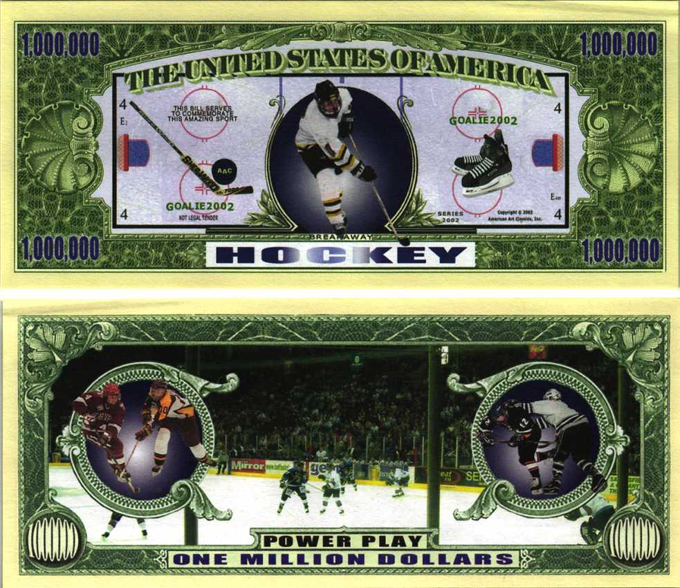 США 1000000 ДОЛЛАРОВ 2002 СУВЕНИРНАЯ БАНКНОТА, ХОККЕЙ С ШАЙБОЙ бумага аUNC 7198-40-3-1