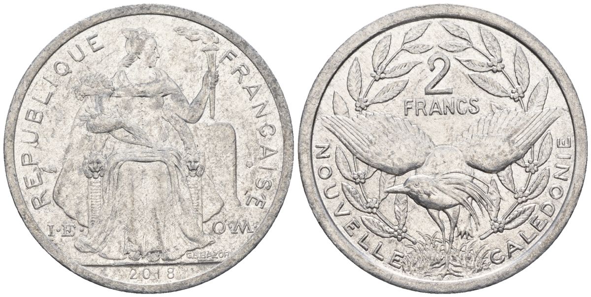 Французская Новая Каледония 2 франка 2018 птица кагу, (IEOM) KM 14, Schoen 11 алюминий    27-227