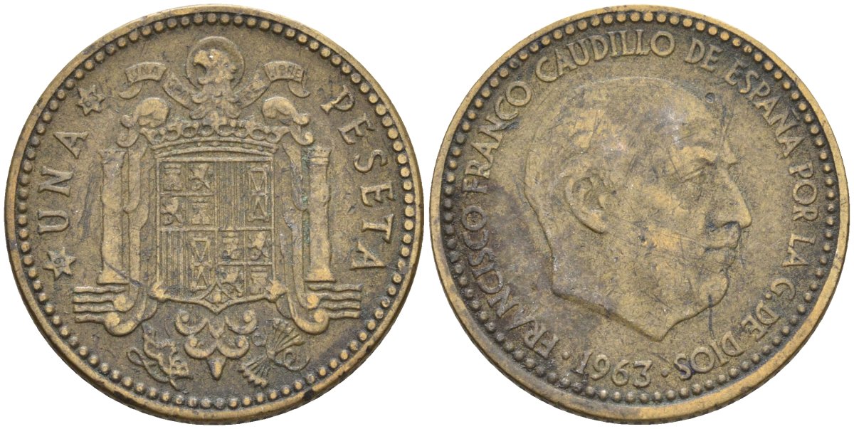 Испания 1 песета 1963 (63) Франсиско Франко (1939-1975) KM 775 алюминиевая бронза 4604-334