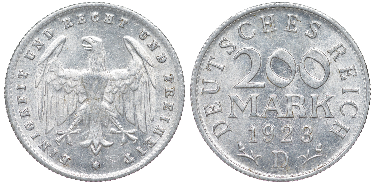 Германия 200 марок 1923 D KM 35, J. 304, Weege 22 алюминий 4604-616