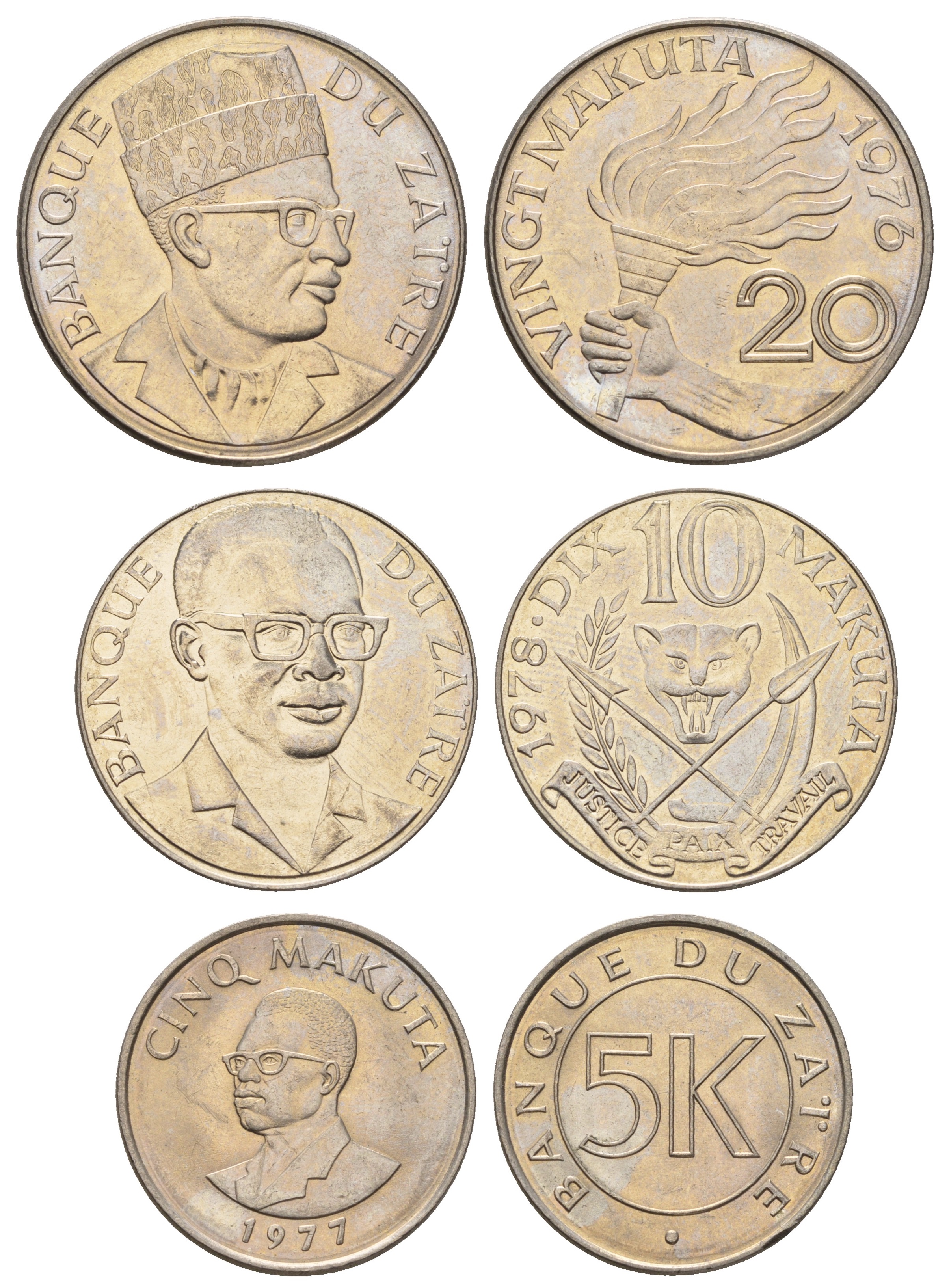 Заир лот из 3 монет 1976-1978 (5, 10 и 20 макута) KM 7, 8, 12 медно-никель UNC 650-1831