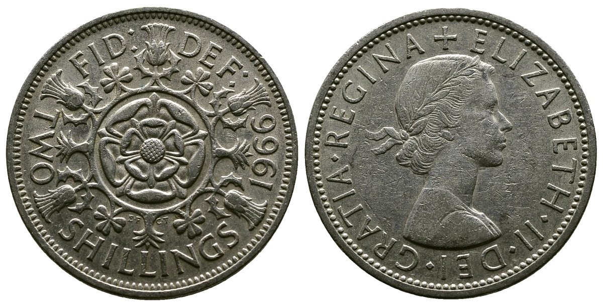 Великобритания 2 шиллинга (флорин) 1966 Елизавета II (1952-2022) KM 906, Spink 4146 медно-никель 4382-726