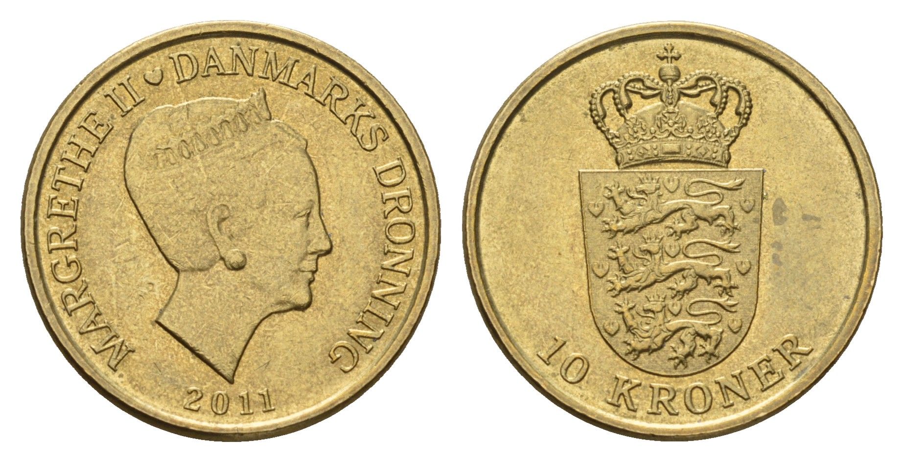 Дания 10 крон 2011 NR, Маргрете II (1972-2024) KM 943 алюминиевая бронза UNC 117-434