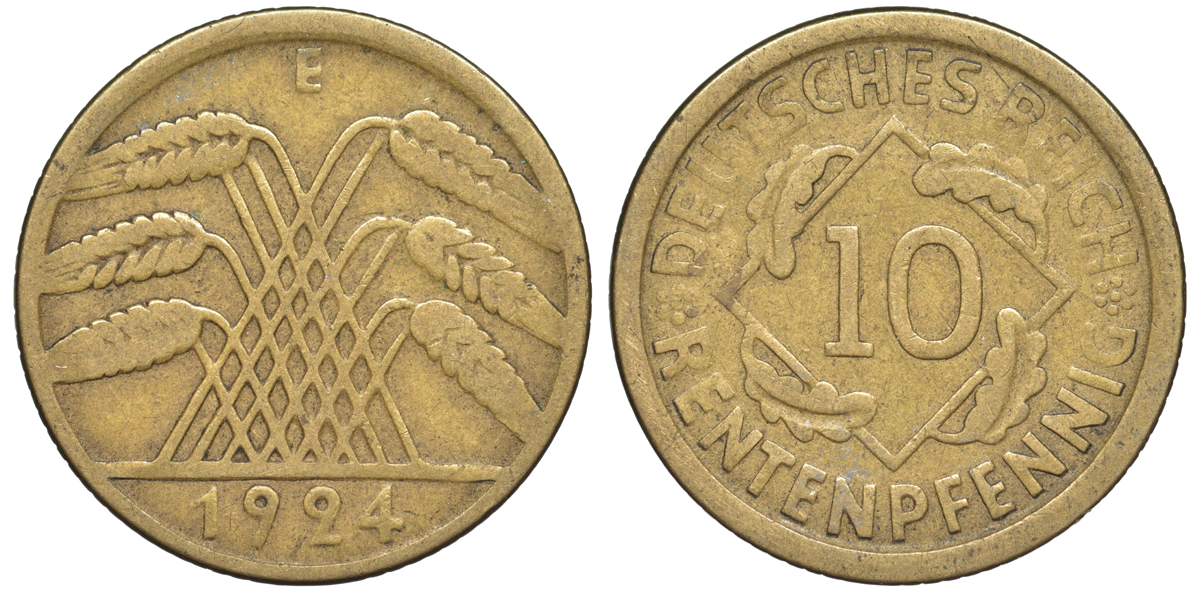 Германия 10 рентенпфеннигов 1924 E KM 33, J. 309 алюминиевая бронза 4604-642