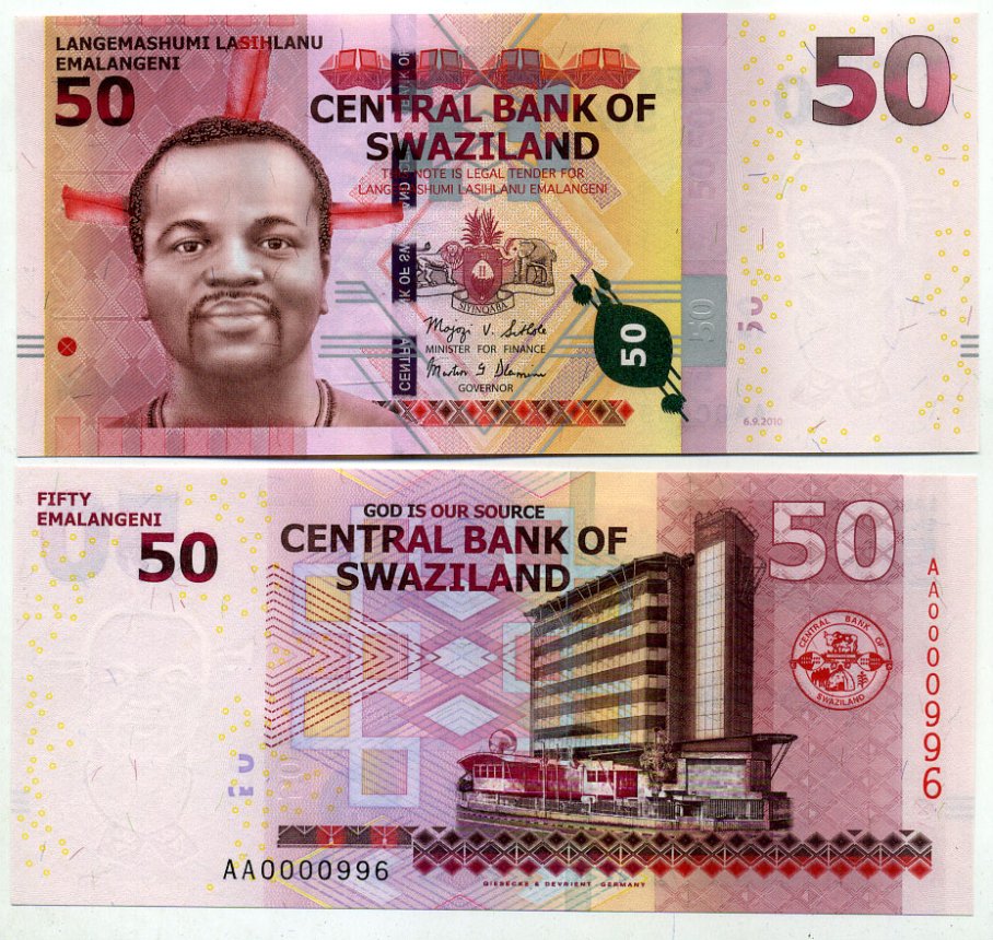 Свазиленд 50 емалангени 2010 серия АА 0000ХХХ Pick 38 бумага UNC (пресс) 7201-1-2