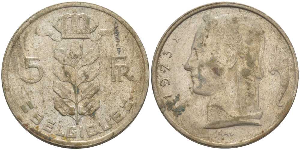 БЕЛЬГИЯ 5 ФРАНКОВ 1973 BELGIQUE, БОДУЭН I (1951-1993) KM 134.1 медно-никель 119-731