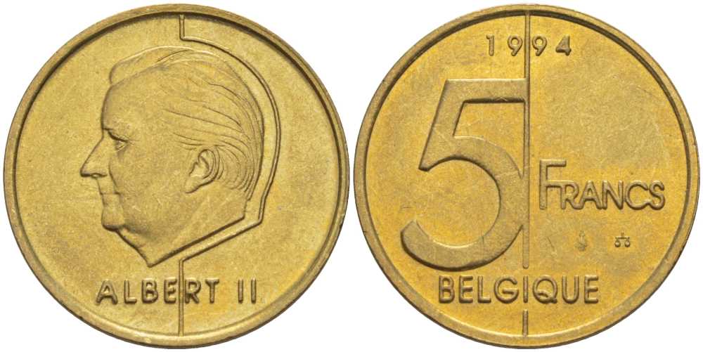 БЕЛЬГИЯ 5 ФРАНКОВ 1994 BELGIQUE, АЛЬБЕРТ II (1993-) KM 189 алюминиевая бронза 4379-243