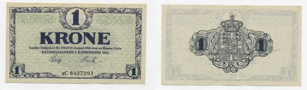 Дания 1 крона 1921 серия 2C Pick 12 g бумага aUNC 7217-2-1-2