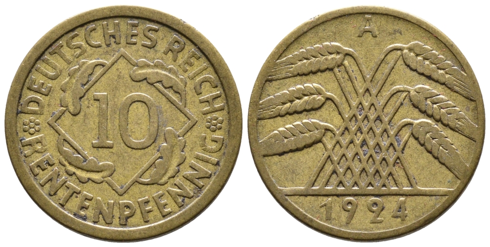 ГЕРМАНИЯ 10 РЕНТЕНПФЕННИГОВ 1924 A KM 33, J. 309, Weege 8 алюминиевая бронза 177-835