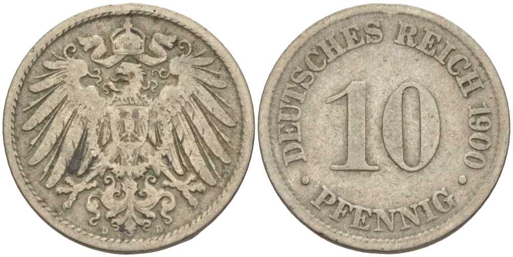Германия 10 пфеннигов 1900 D KM 12, J. 13 медно-никель 4401-1141