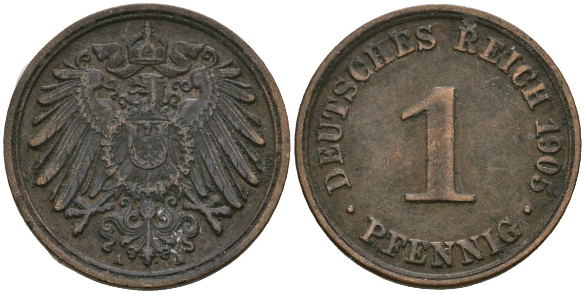 Германия 1 пфенниг 1905 A, Вильгельм II (1888-1918) KM 10, J. 10 медь 3955-1227