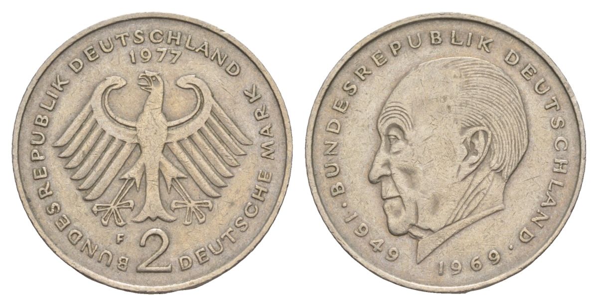 ФРГ 2 марки 1977 F, Конрад Аденауэр, 20 лет Федеративной Республике (1949-1969) KM 124 медно-никель 4628-1021