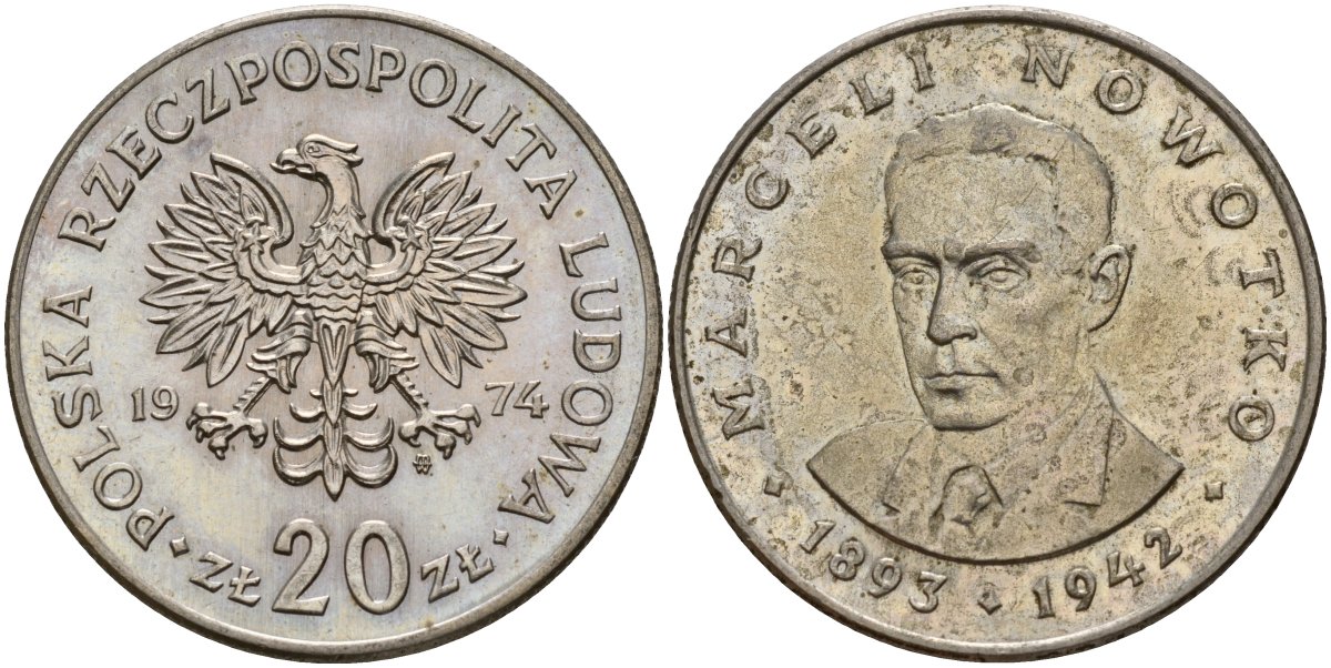 Польша 20 злотых 1974 MW, Марцелий Новотко KM 69, Parchimowicz 246 медно-никель 4157-1024